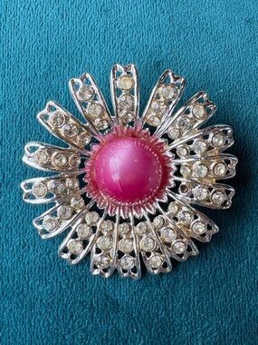 Vintage Pink Sunflower  Floral Burst Brooch with Pink Cabochon Center